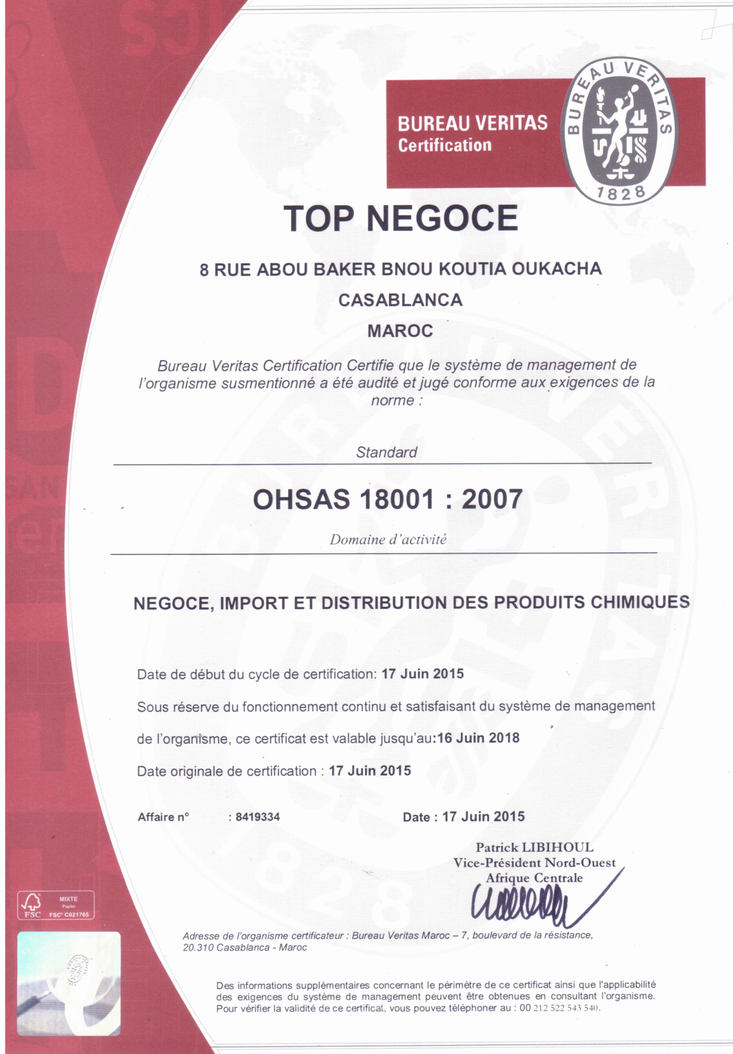 Certificat OHSAS 18001 : 2007